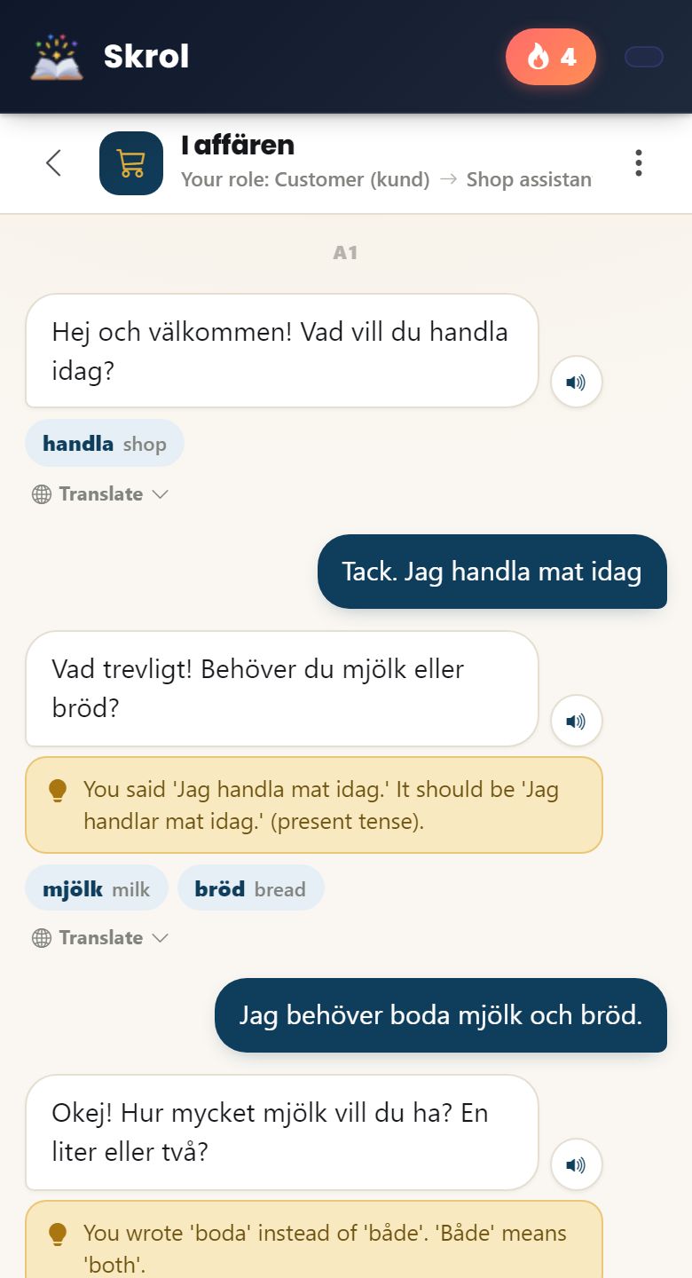 تطبيق Skrol على الهاتف (بالإنجليزية): محادثة مع الذكاء الاصطناعي في متجر (I affären) بالسويدية، تُصحَّح فيها أخطاء المتعلّم تحت ردود الذكاء الاصطناعي وتظهر الكلمات الجديدة مع معانيها.