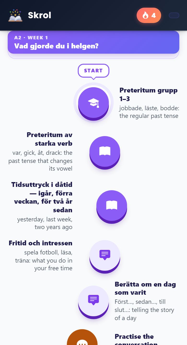 تطبيق Skrol على الهاتف (بالإنجليزية): مسار الدورة في الأسبوع الأول من المستوى A2، ويظهر عنوان كل درس بالسويدية مع شرح قصير.