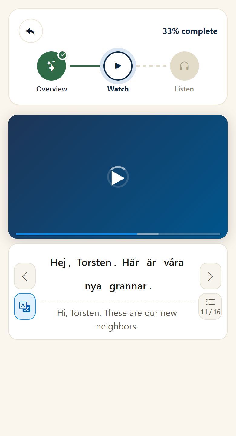 Skrol's video lesson on a phone: the Swedish subtitle "Hej, Torsten. Här är våra nya grannar." with its English translation under it.