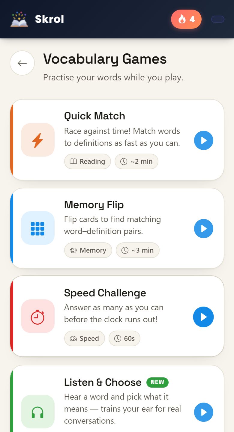 Skrol's word games on a phone: Quick Match, Memory Flip, Speed Challenge and Listen & Choose.